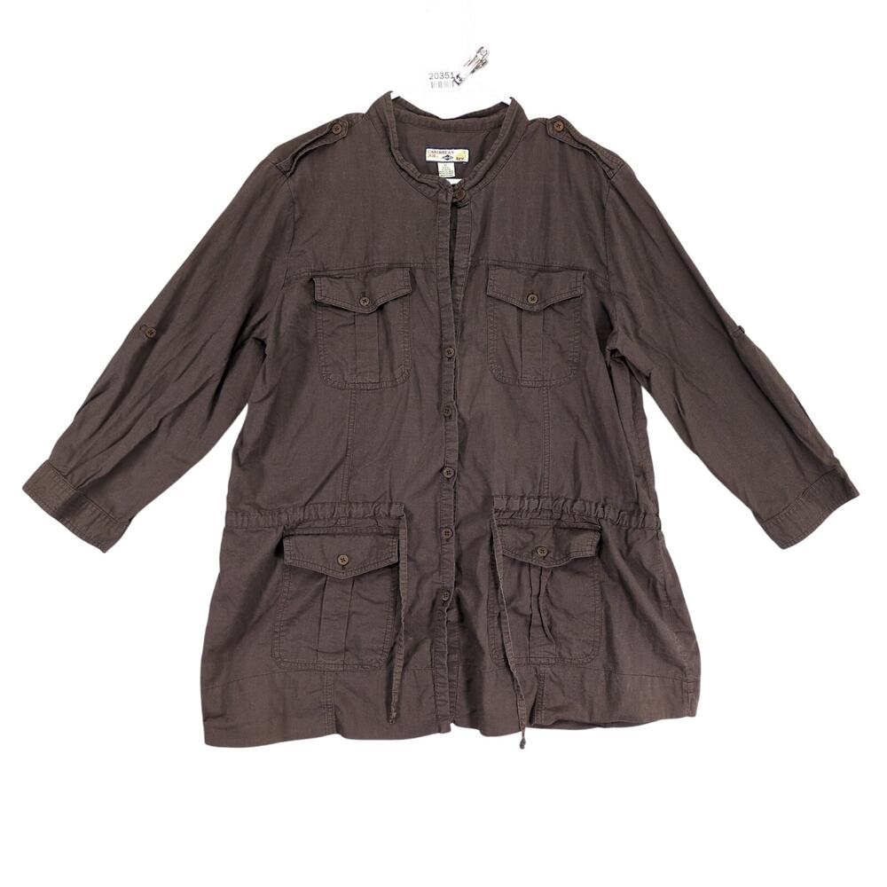 Caribbean Joe Women's‎ XL Button Up Tunic Shirt, Brown Safari Cargo 3/4 Sleeve